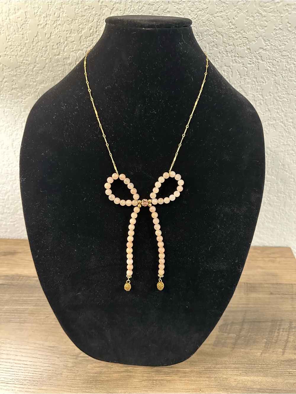 Lenora Dame Signed Pink Beaded Bow Necklace